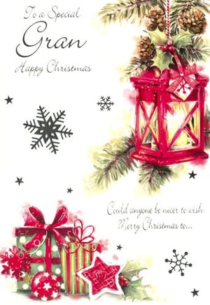 A Christmas card for a special Gran with a lantern, gifts, and snowflakes.