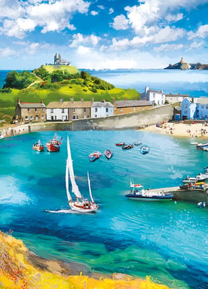 A painting of boats in a harbor with a castle in the background.