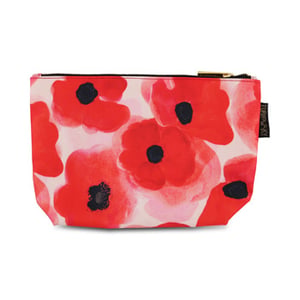 A white bag with red flowers on it and a black zipper.