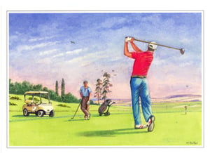 A painting of a man swinging a golf club at a golf course.