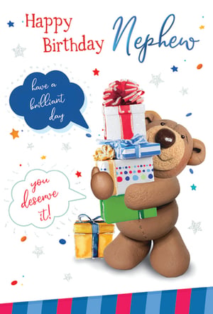 A birthday card for a nephew with a teddy bear holding gifts.