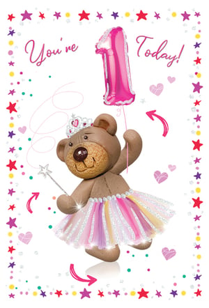 A teddy bear holds a pink number 1 balloon.