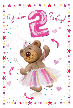A teddy bear holds a pink balloon with the number 2 on it.