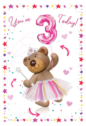 A teddy bear holds a pink balloon with the number 3 on it.