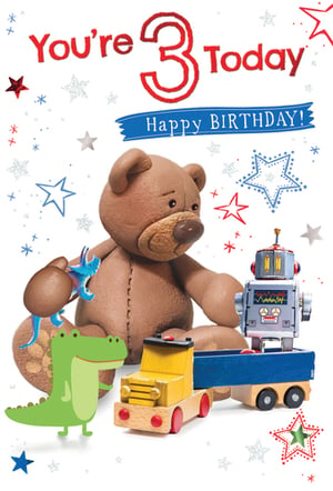 A birthday card that says you're 3 today.