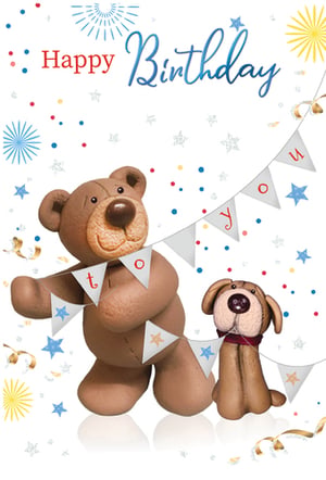 A happy birthday card with a teddy bear and a dog.