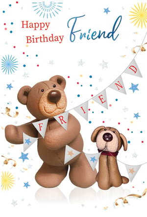 A birthday card for a friend featuring a teddy bear and a dog.