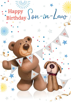 A birthday card with a teddy bear and a dog for a son-in-law.