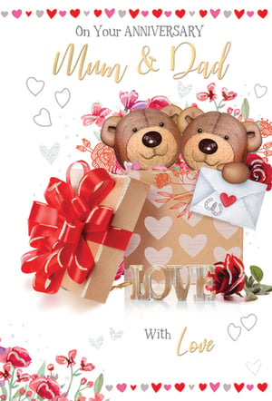 A card that says "On Your Anniversary Mum and Dad, with love."