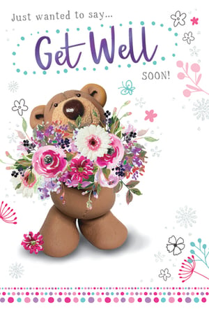 A get well soon card with a teddy bear holding flowers.
