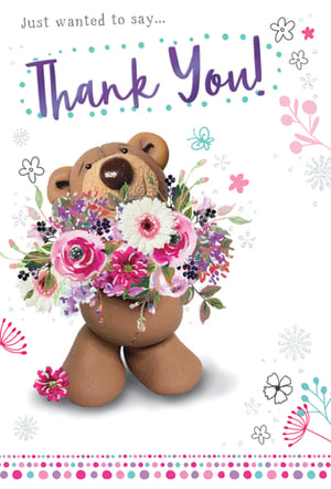 A thank-you card with a teddy bear holding flowers.