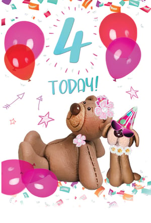 A birthday card with a teddy bear, a dog, and the number 4 is today.