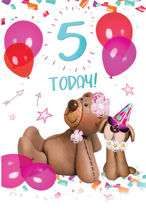 Today is the birthday of someone turning five, and they received a birthday card with a teddy bear, a dog, and the number 5 on it.