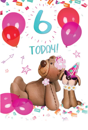 A birthday card with a teddy bear, a dog, and the number 6 today.