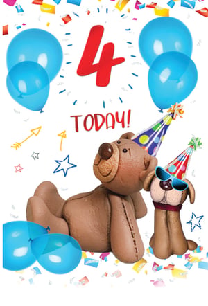 A teddy bear and a dog, wearing party hats, celebrate their fourth birthday.