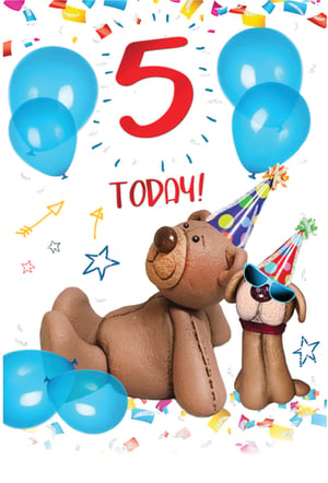 A teddy bear and a dog wearing party hats celebrates their 5th birthday.