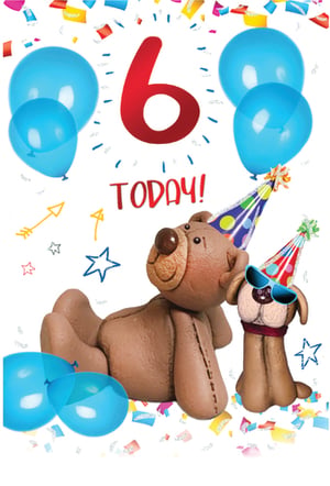 A teddy bear and a dog are wearing party hats to celebrate their 6th birthdays.