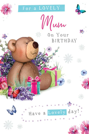A birthday card that says "for a lovely mum on your birthday."