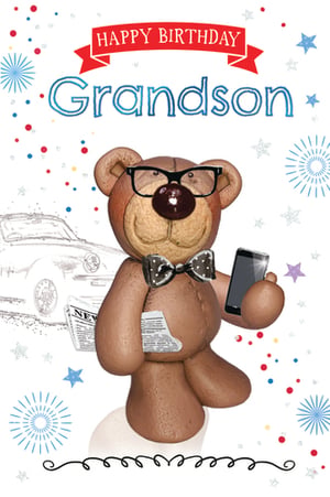 A teddy bear wearing glasses and a bowtie holds a cell phone.
