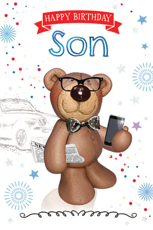 A happy birthday son card with a teddy bear holding a cell phone.