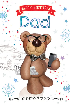 A teddy bear wearing glasses and a bow tie holds a cell phone.