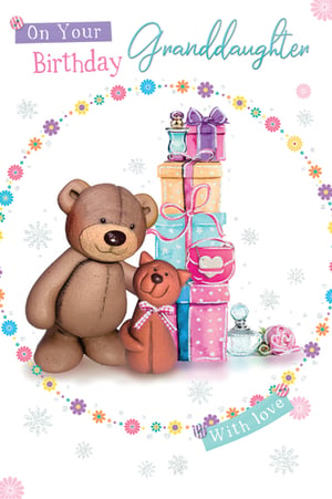 A birthday card for a granddaughter with a teddy bear and a cat.