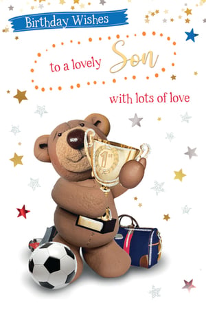 A birthday card for a son with a teddy bear holding a trophy.