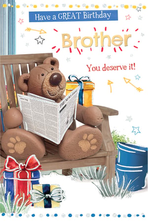 A birthday card for a brother with a teddy bear reading a newspaper.
(Accurate and grammatically correct as is)