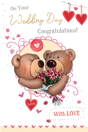 A card that says "Congratulations on your wedding day with love."