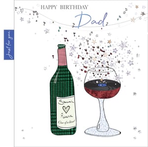 A birthday card for a dad with a bottle of wine and a glass of wine.