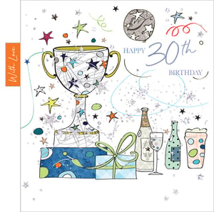 A 30th birthday card with a trophy and gifts.