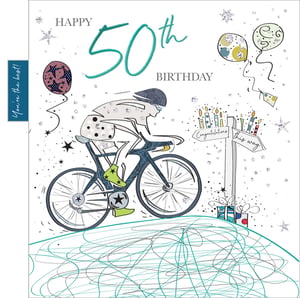 A 50th birthday card with a person riding a bike.