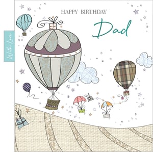A birthday card for dad with hot air balloons and parachutes.