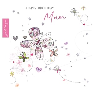 A happy birthday card for Mum with a butterfly and hearts.