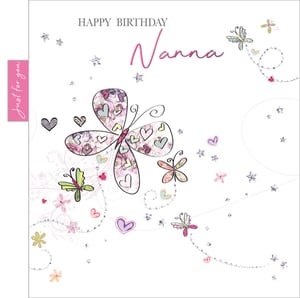 A birthday card for Nanna with butterflies and hearts.
