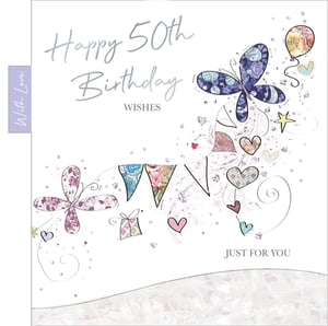 A happy 50th birthday wishes card with butterflies and hearts.