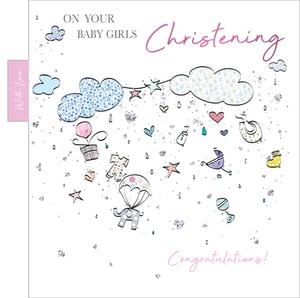 A card that says "Congratulations on your baby girl's christening."