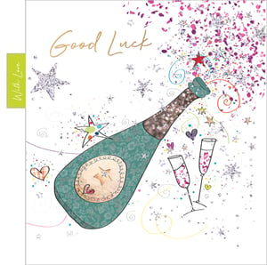 A card that says "Good luck" with a bottle of champagne.