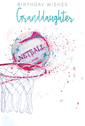 A birthday card for a granddaughter with a netball ball going through a hoop.

(Note: The sentence is grammatically correct)