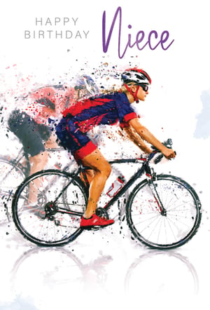 A birthday card for a niece shows a woman riding a bike.