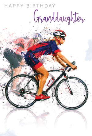 A birthday card depicting a woman riding a bike for a granddaughter was shown.