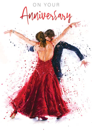 An anniversary card with a painting of a man and a woman dancing.