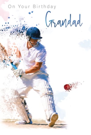 A birthday card for grandad shows a man playing cricket.