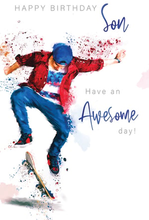 A happy birthday card for my son with a boy on a skateboard.