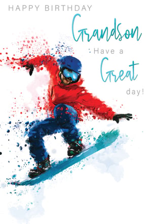 A birthday card with a snowboarder on it for a grandson.