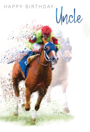 A birthday card with a jockey on a horse for an uncle.