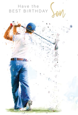 A birthday card for a son shows a man swinging a golf club.