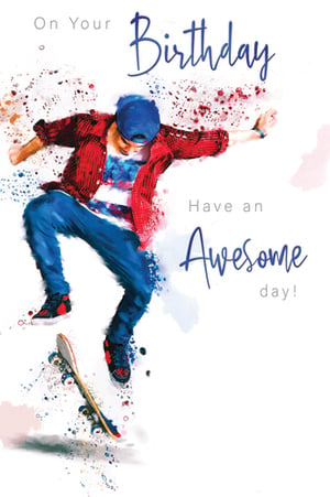 A birthday card with a picture of a person on a skateboard.