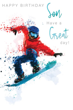 A birthday card for a son that says, "Happy birthday, son! Have a great day!"