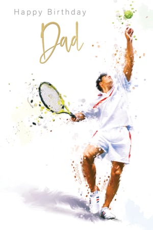 A happy birthday dad card with a man holding a tennis racquet.